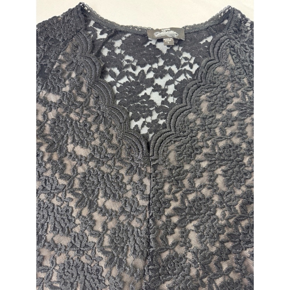 Bebe Addiction Black Lace Bodysuit Short Sleeve V-Neck Tan Lining Large sheer - Picture 2 of 16